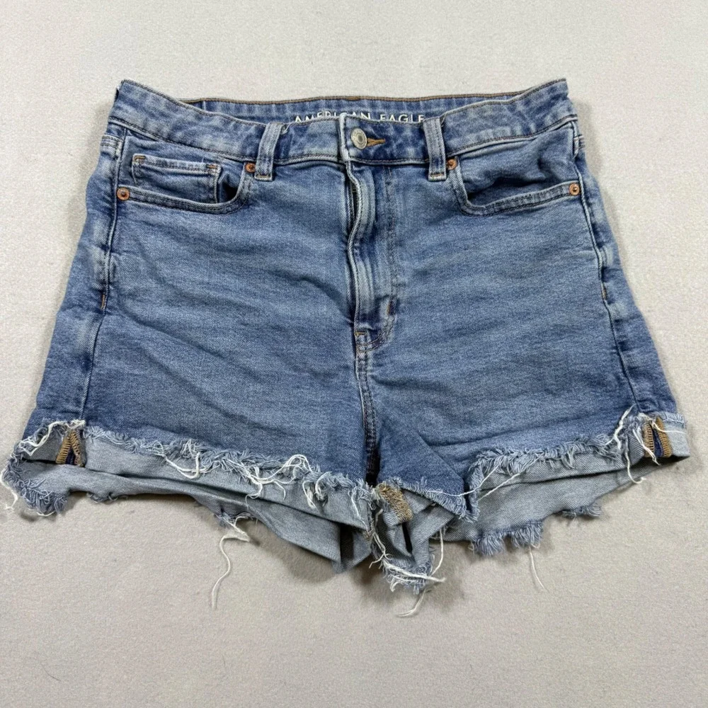 American Eagle Womens High Waisted Denim Shorts‎ Blue Raw Hem Size 8